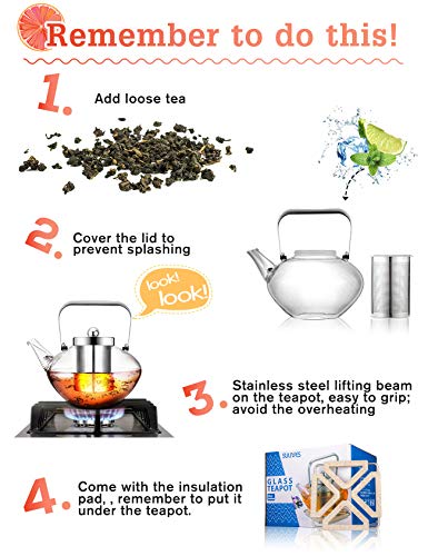 SULIVES Glass Teapot with Stainless Steel Infuser & Lid, Borosilicate Glass Flower Tea Kettle Stovetop Safe, Blooming & Loose Leaf Teapots, 34 oz / 1000 ml