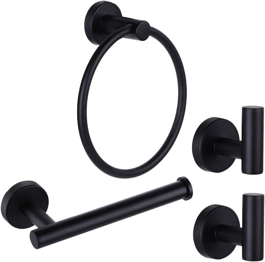 Ntipox 4 Piece Matte Black Stainless Steel Bathroom Hardware Set Include Hand Towel Ring, Toilet Paper Holder,and 2 Robe Towel Hooks,Bathroom Accessories Kit: Kitchen & Dining