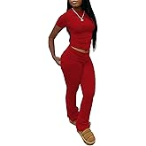 Women's Two Piece Lounge Sets Short Sleeve Crop Tops High Wasit Foldover Flare Leggings Pants Casual Workout Outfits Tracksuit-Red-XL
