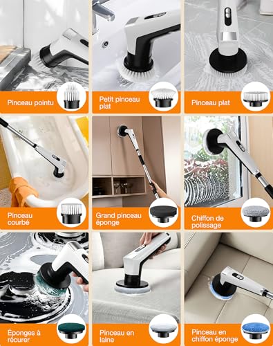 Electric Cleaning Brush with 9 Heads, 3 Adjustable Speed, Extendable Handle, with LED Light, IPX8 Waterproof, Rotating Brush for Bathroom, Kitchen, Floors and Car