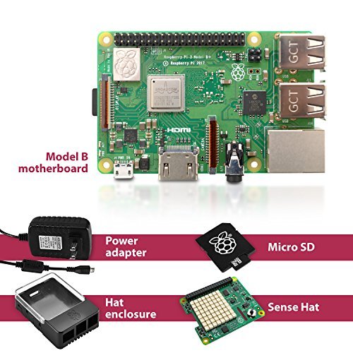 NeeGo Bundle 5-Piece Build Your Own Computer Set Includes Raspberry Pi
3 B+ Motherboard, 32G SD Card w/Preloaded Noobs Operating System, Sense
HAT Add-On, Hat Enclosure & 6-Foot 2.5A Power Supply