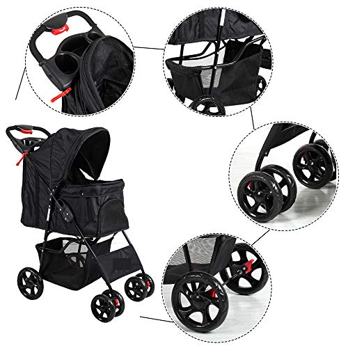 KARMAS PRODUCT Pet Stroller for Dog Cat Small Animal Folding Walk Jogger Travel Carrier Cart with Four Wheels (Black) - Thumbnail 4