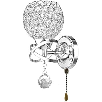 Wefond Modern Crystal Wall Light Pendent Lamp Chrome Finish Bedroom Sconce Lighting Fixture with Pull Cord Switch, E14 Socket (Spherical)