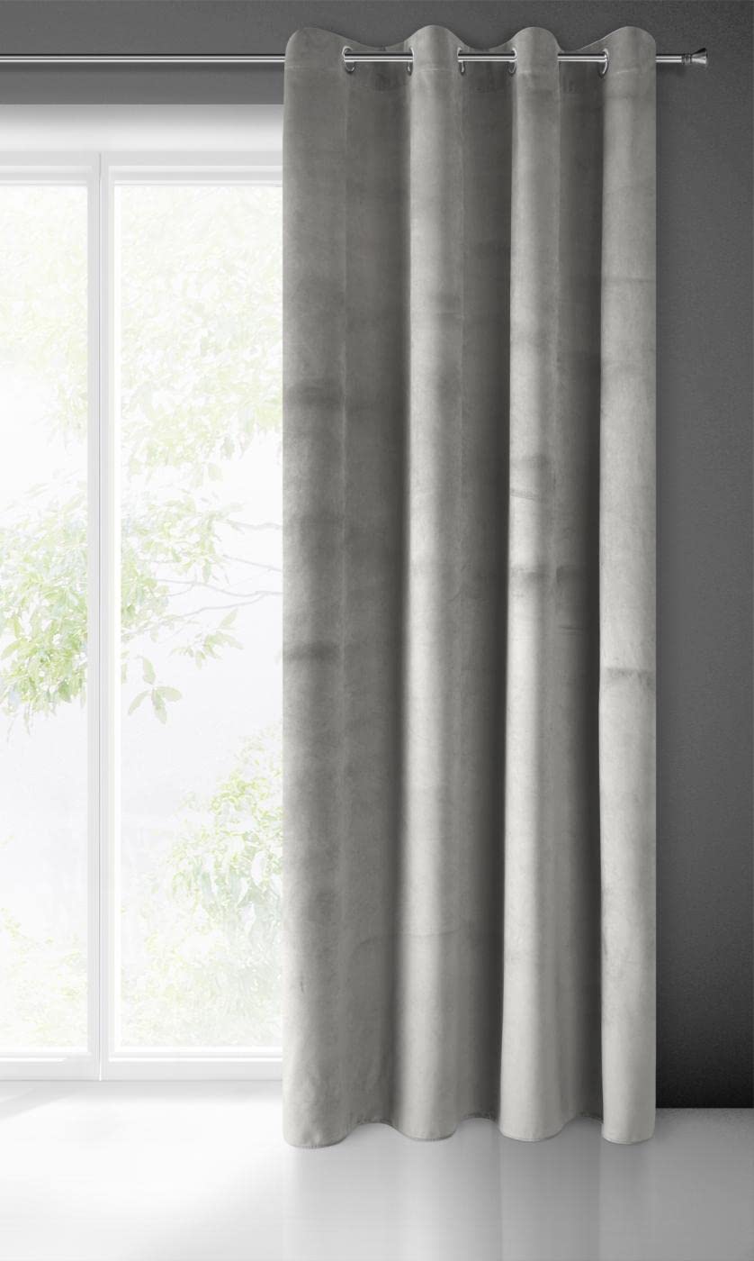 Eurofirany PIERRE Soft Plain Opaque Velvet Curtain with Eyelets - 1 Unit, Fluffy Panel Drape Classic Glamour Elegant Living Room, Bedroom, 215 g/m2, W55 x L98, Silver Grey