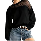 VAOYIU Women's Shoulder Mesh Design Sweatshirt Casual Long Sleeve Crew Neck Pullover Tops Casual Lace Edged Clothing