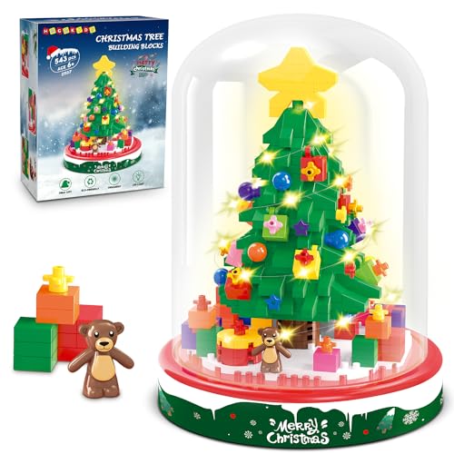 HOGOKIDS Christmas Tree Building Blocks - Small Christmas Tree Building Set with LED Light & Cover, Christmas Tree Toys, Tabletop Christmas Ornament, Christmas Gifts for Adults Kids (543PCS)