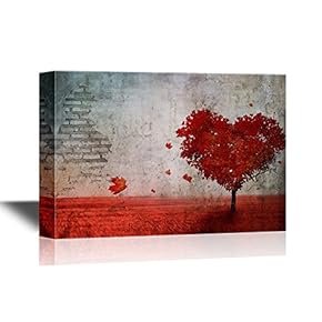 Canvas Wall Art - A Tree in The Shape of a Red Heart Against a Vintage Wall Background - Gallery Wrap Modern Home Art | Ready to Hang - 12x18 inches