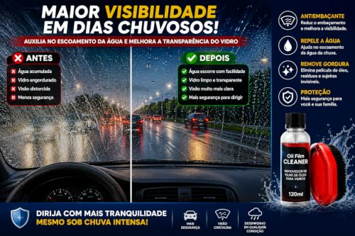 Removedor de Filme de Óleo para Vidros Automotivos com Pulverizador Espuma 120ml Antiembaçante Limpa Para-brisa Espelho Janela Carro
