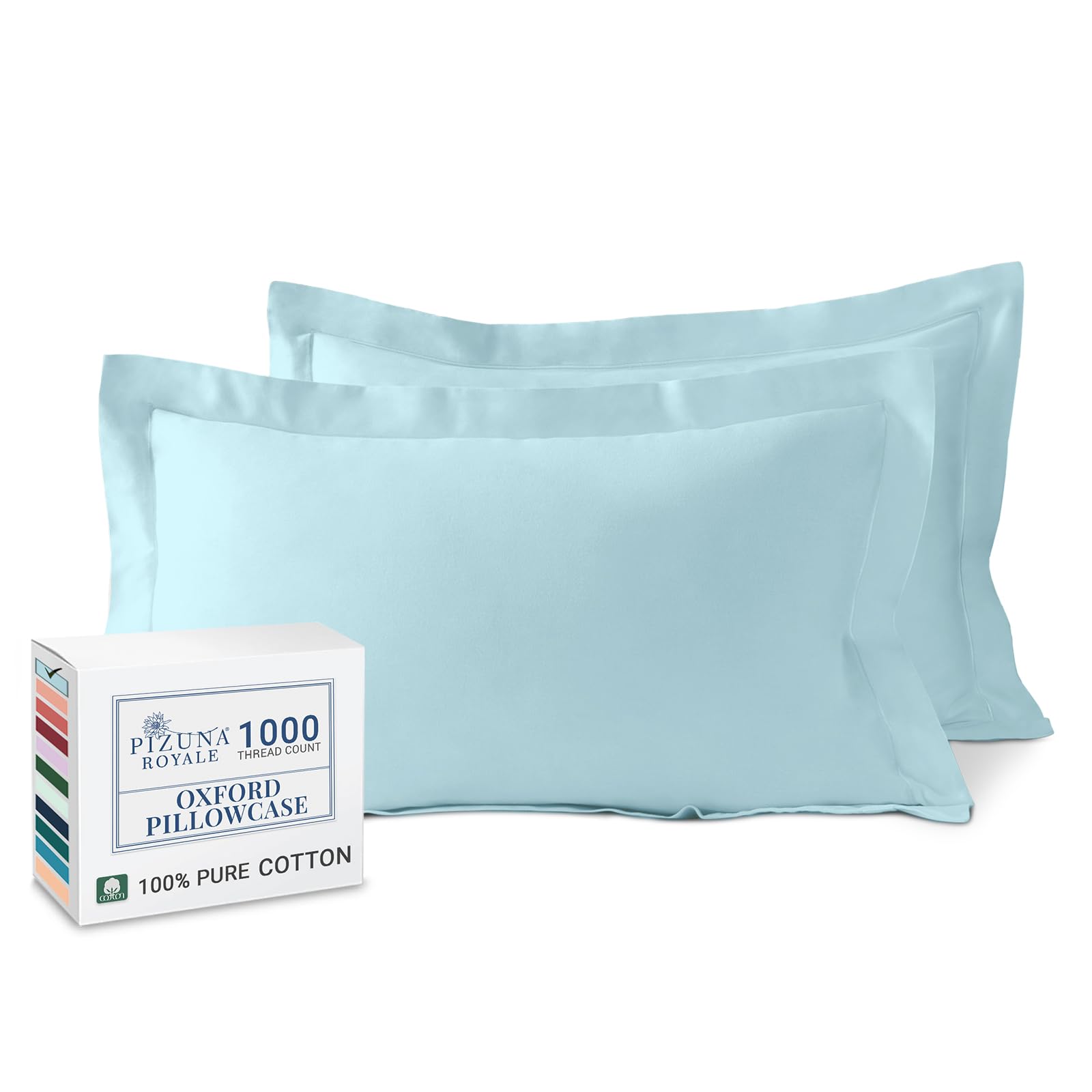 Pizuna Luxurious Cotton Pillow Cases 2 Pack Baby Blue 50x75cm, 1000 Thread Count Long Staple Combed Cotton Thick Pillow Cover, Soft Sateen Oxford Pillow Cases (100% Cotton Pillowcase Pack of 2)