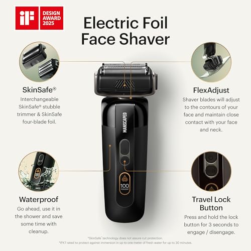 MANSCAPED® The Chairman™ PRO Men’s Electric Foil Face Shaver - Two Interchangeable Blade Heads, SkinSafe® Four-Blade Foil & Stubble Trimmer, USB-C Wireless Compatible Charging, Gentle on Neck