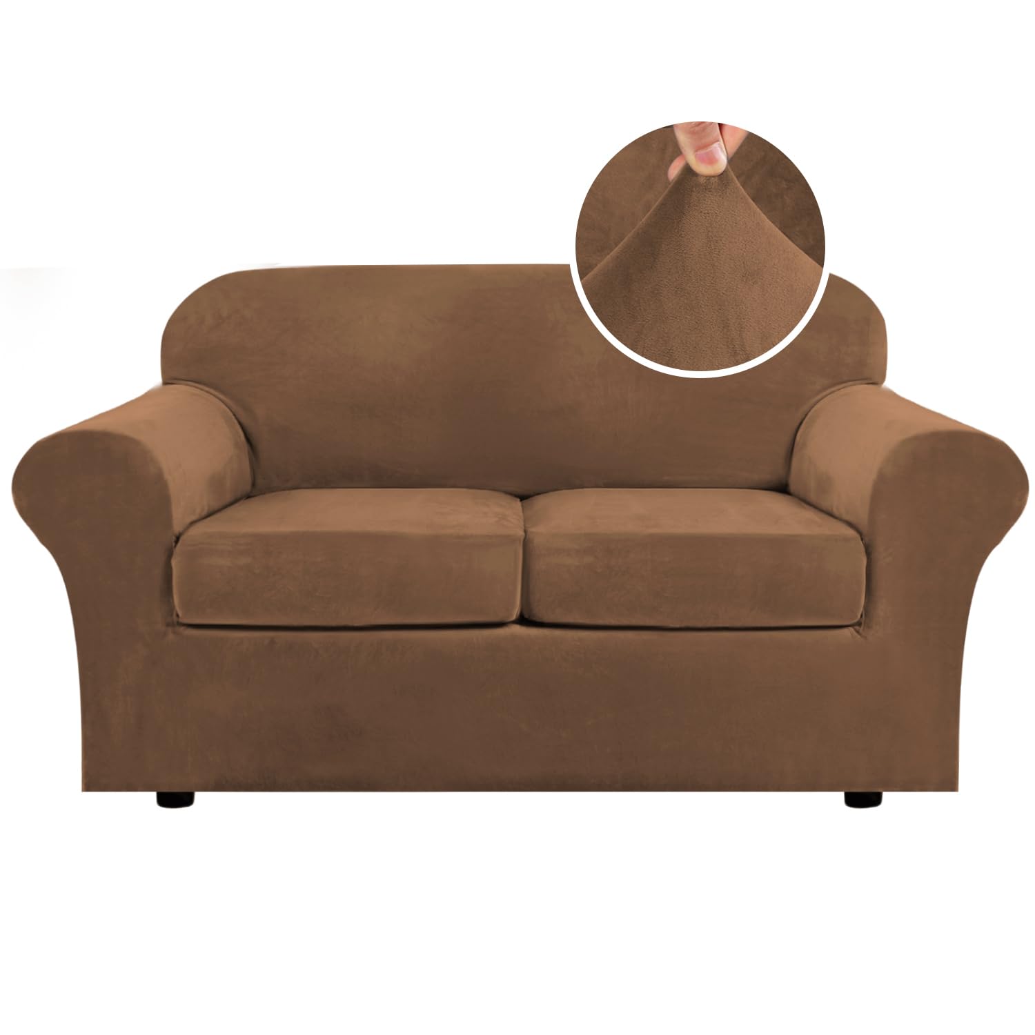 Photo 1 of H.VERSAILTEX Real Velvet Plush 3 Piece Stretch Sofa Covers Couch Covers for 2 Cushion Couch Loveseat Covers Width Up to 72 Inch Thick Stay in Place (Medium Sofa, Caramel)