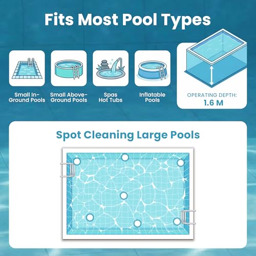 Pool Hoover Vacuum, 3 in 1 Electric Pool Cleaner, Lightweight Cordless Handheld Hot Tub Hoover with Splicing rod, 60 Minutes Running Time for Small Pools, Spas, Cleaning Small Debris Types