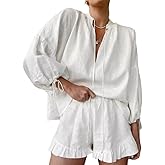 Xfileen Women Ruffle 2 Piece Sets Long Sleeve Button Down Shirt and Shorts Pajamas Sets