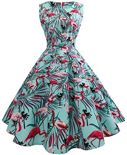 DRLYQYJF Flamingo Print Summer Dress for Women O-Neck Sleeveless Party Dresses