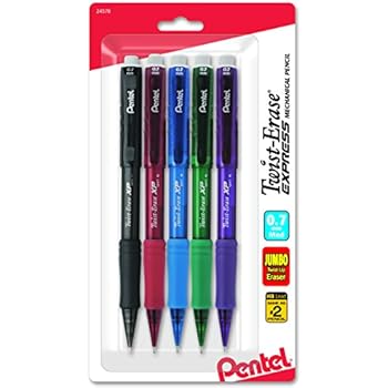 Pentel Twist-Erase Express Automatic Pencil, 0.7mm, Medium Line, Assorted Fashion Colors, 5 Pack (QE417FBP5M)