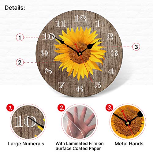 TAHEAT Vintage Sunflower Wall Clock, Retro Rustic Floral Silent Non
