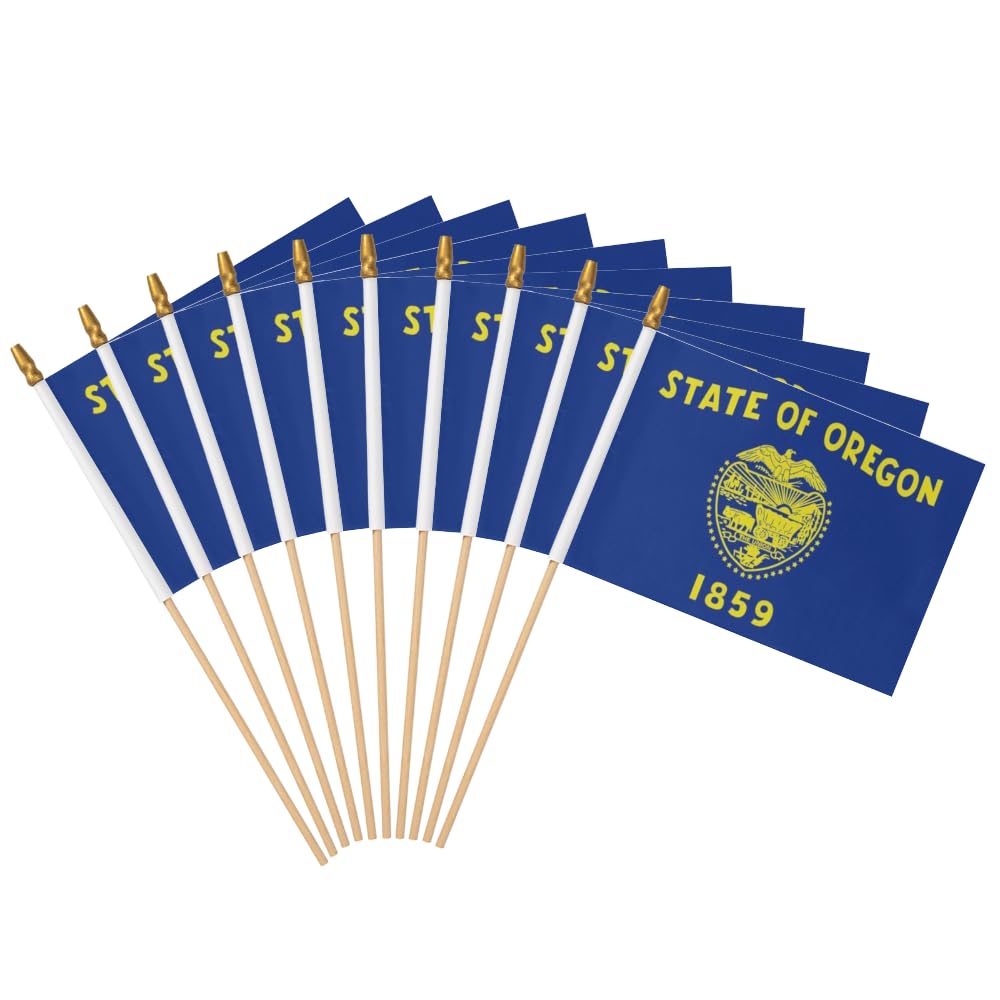 Photo 1 of 12 Pack Oregon OR State Handheld Stick Flag 5x8 Inch on Wood Stick Small Mini Handheld Flags,Party Decor Parades Festival Event Celebration. (OR, 5X8IN)