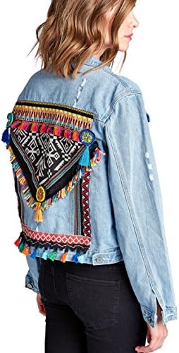 Velzera Women's Bohemian Embroidered Embellished Denim Jean Jacket