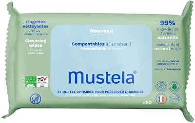 Toalhitas higiénicas perfumadas compostáveis, fibras Lyocell 100% de origem vegetal, corpo e maquilhagem, bebé e família - 99,5% ingredientes de origem natural (60 unidades)
