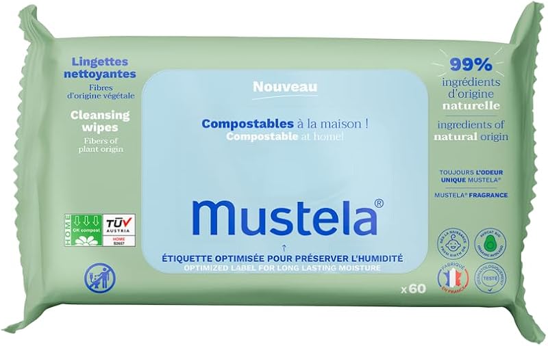 Toalhitas higiénicas perfumadas compostáveis, fibras Lyocell 100% de origem vegetal, corpo e maquilhagem, bebé e família - 99,5% ingredientes de origem natural (60 unidades)