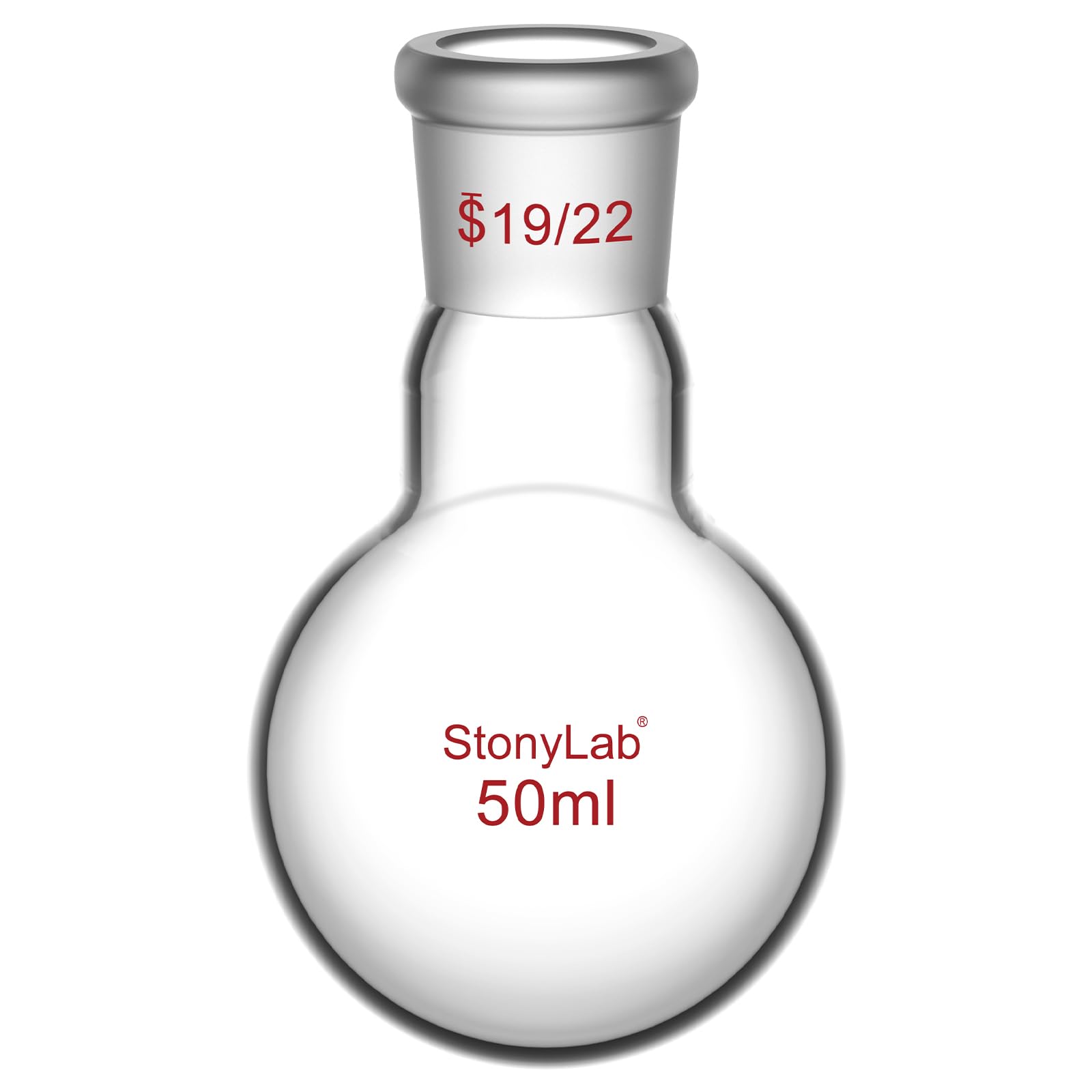 StonyLab Borosilicate Glass 50mL Heavy Wall Single Neck 1 Neck Round Bottom Flask RBF, with 19/22 Standard Taper Outer Joint - 50mL