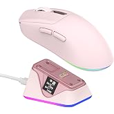 EPOMAKER NEX Lite Wireless Gaming Mouse w/Screens &amp; RGB Charging Dock | 65g Right-Hand Gaming Mice, PAW3311 Sensor, 1K Polling, 12K DPI, BT 5.0/2.4GHz/USB-C, for Gaming &amp; Office (Pink)