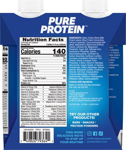 PURE PROTEIN CHOCOLATE PROTEIN SHAKE | 30G COMPLETE PROTEIN | READY TO DRINK AND KETO-FRIENDLY | VITAMINS A, C, D, AND E PLUS ZINC TO SUPPORT IMMUNE HEALTH | 11 FL OZ (PACK OF 4)