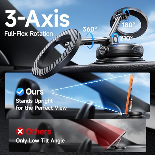 Moeila NeverFall Car Phone Mount for MagSafe, 89lbs Vacuum Suction, Strong Magnetic Dashboard & Windshield Mount, 360° Adjustable Phone Holder for iPhone & All Phones, Carbon Fiber