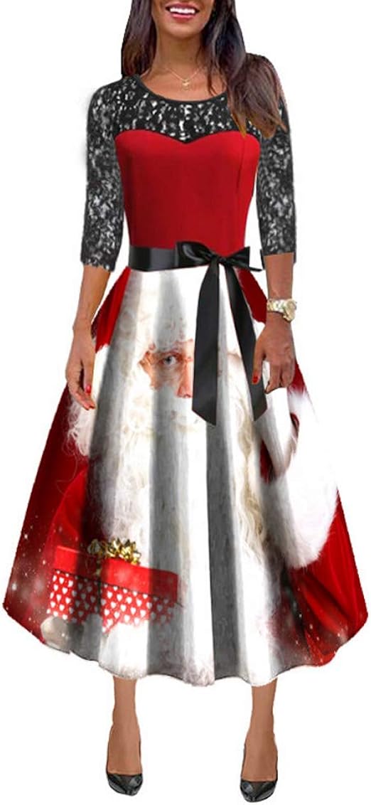 Greetuny Christmas Dresses for Women Lace Neckline Half Sleeve BowKnot