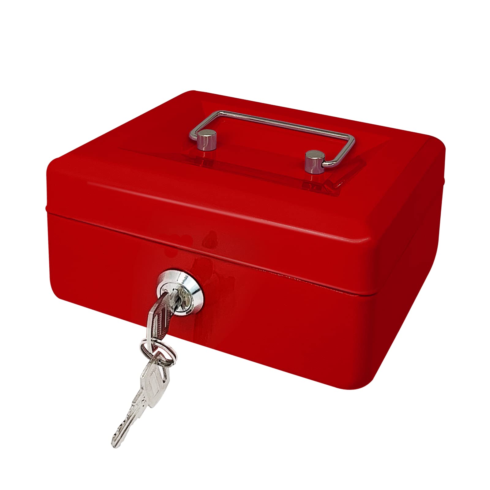 Steel Cash Box with Key Lock, Metal Small Money Organizer with Money Tray,Cash Storage Box with Lockable Cover (Red-15 * 12 * 8 CM)