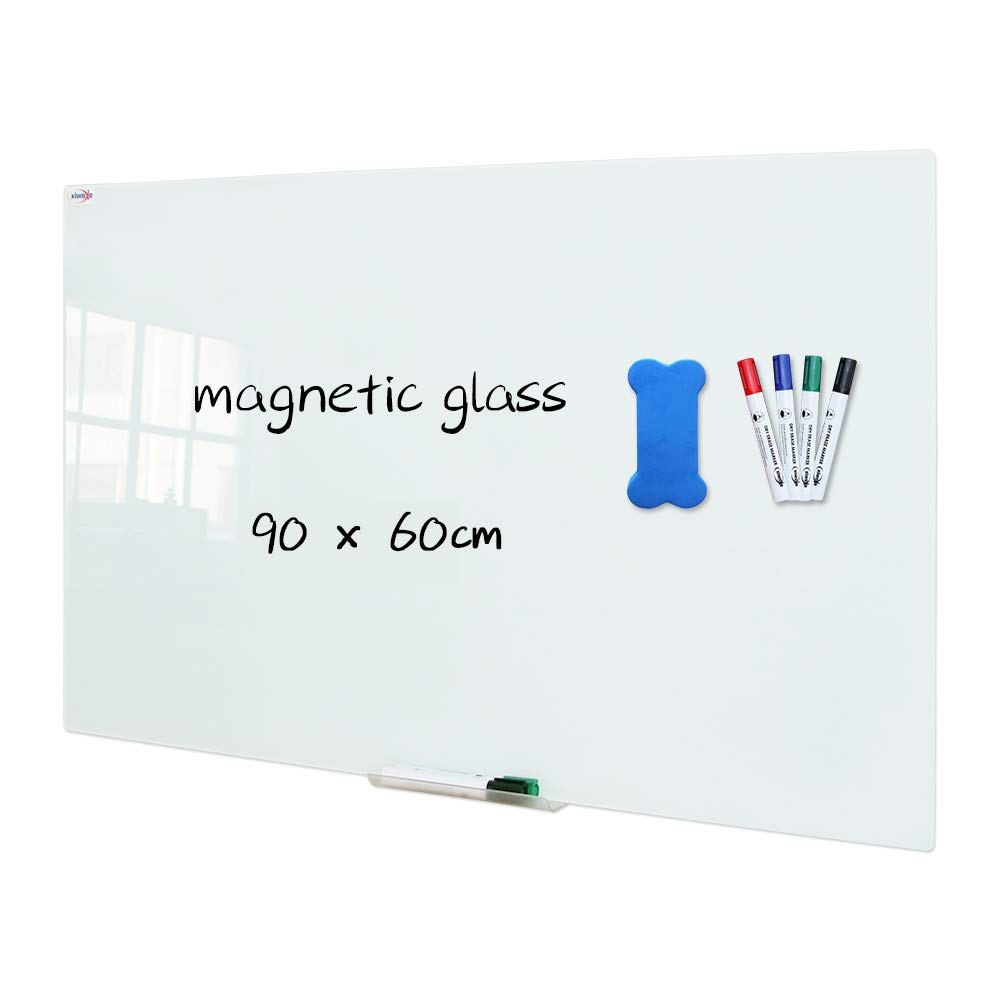 XIWODE Magnetic Glass Dry Erase Board, 90 x 60cm, Wall Mounting Tempered Glass Whiteboard, Frameless, White Frosted Surface