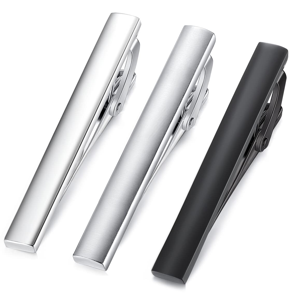 HONEY BEAR 2.12" 3pcs Set Mens Tie Clips Set Tie Bar for Normal Size Tie for Business Wedding Gift,5.4cm (Shinny+Brushed Silver+Black without box)