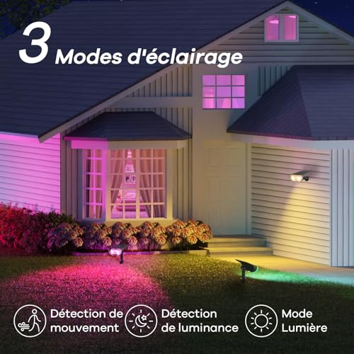 Linkind Smart SL5 Solar Outdoor Spotlight with Motion Sensor, 16 Million Colours, Group Control, Music Sync, Red Light Alarm, IP65 Garden Lamp, Christmas, Halloween, 4 PCS