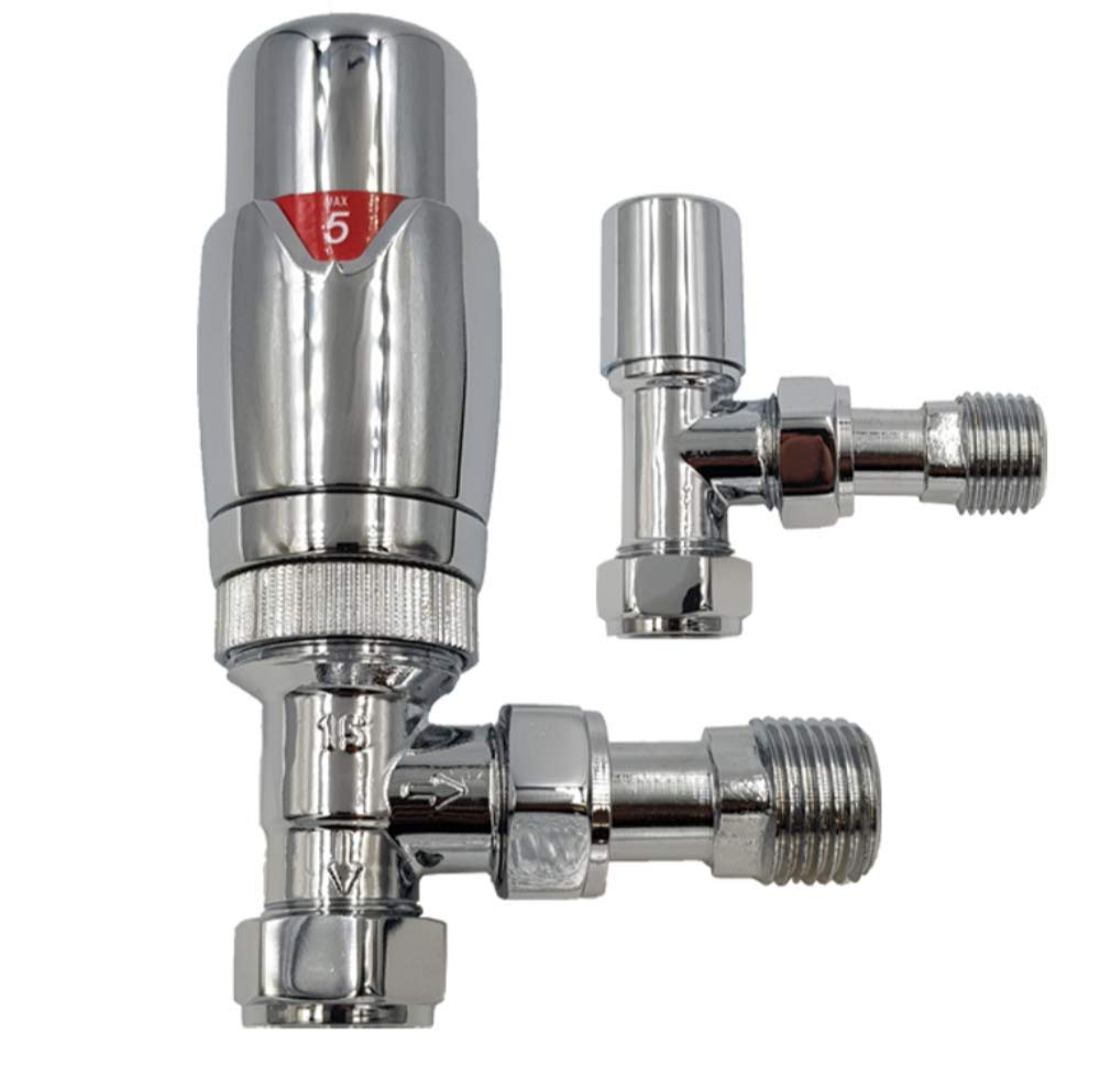 Aumix ½” x 15mm Thermostatic Classic Angle TRV Full Chrome Radiator Valves + Lockshield Set