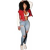 Cqinnifu Women's Cropped Varsity Jacket Long Sleeve Casual Baseball Jacket Color Block Vintage Button Down Bomber Jackets
