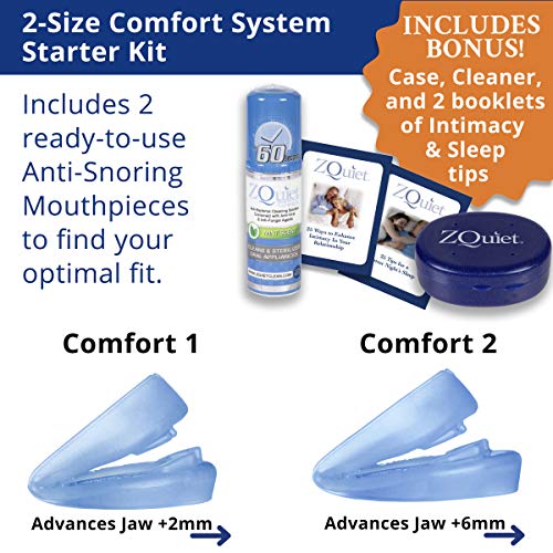 ZQUIET Original Anti-Snoring Mouthpiece Solution, 2-Size Comfort System Starter Kit, Deluxe Gift Box Set - Made in USA & FDA Cleared, Natural Sleep Aid Device, Works for Men or Women
