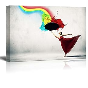 Canvas Prints Wall Art - Ballet Dancer in Flying Satin Dress with Umbrella and a Rainbow | Modern Wall Decor/Home Art Gallery Wraps Giclee Print & Wood Framed. Ready to Hang - 12" x 18"