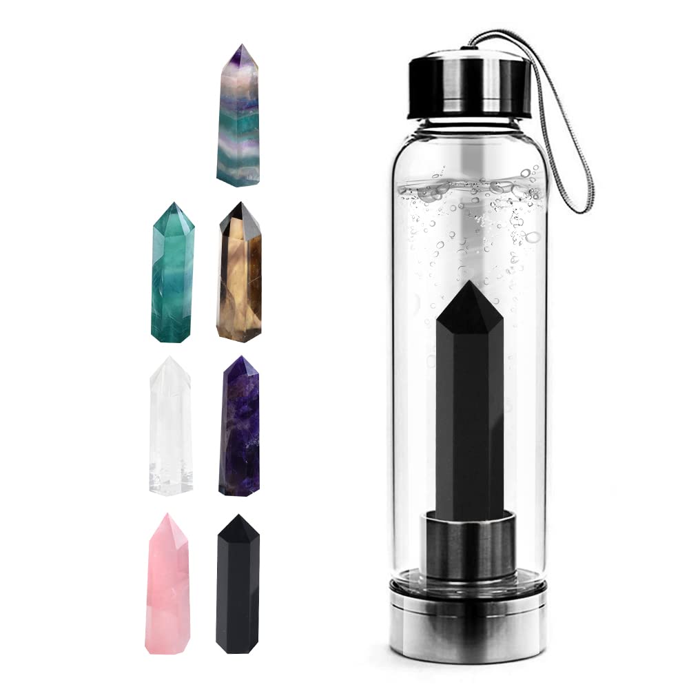 Tyuodna Crystal Water Bottle, Removable Natural Crystal Quartz Glass Water Bottle, Healing Natural Quartz Water Bottle, Portable Proof Leak Gemstone Bottle 550ml (Obsidian+Bottle)