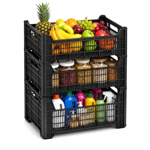 Kit 3 Caixas Organizadoras Grandes Plásticas Empilháveis e Vazadas Alta Resistência | Caixa Plástica para Hortifruti, Supermercado, Feira, Comércio, Estoque, Varejo e Organização da Casa