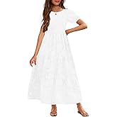 MITILLY Summer Flower Girl Dress Elegant Short Sleeve Crew Neck A-Line Flowy Maxi Dress for Kids with Pockets 6-12 Years