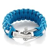 X-Plore Gear Paracord Bracelet Survival Kit For Men & Women | Adjustable Stainless Steel D Shackle Gear For Comfy Fit | For Emergencies, Travel, Hiking, Wilderness, Camping, Fishing (Blue & White)