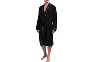 HOLOVE Men's Pure Cotton Bathrobe Lightweight Kimono and Hooded Spa Robes Soft Sleepwear