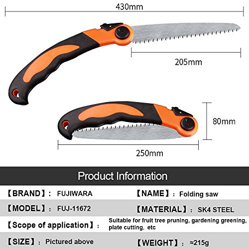 FUJIWARA Heavy Duty Folding Saw, 8 Inch Pruning Hand Saw for Wood Camping, Wet & Dry Wood Garden Saw with Aggressive SK4 Steel 7 TPI Teeth
