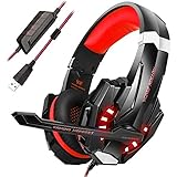 Mengshen USB Gaming Headset, 7.1 Channel Surround Sound Over Ear Headphones with Microphone, Volume Control and LED Light for Computer PC Mac Laptop - G9100 Red