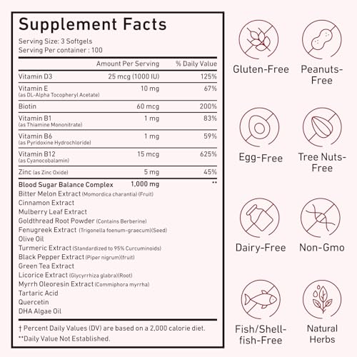 Blood Sugar Complex Supplement | 20+ Active Herbs-Berberine/Cinnamon/Bitter Melon/Mulberry Leaf/Fenugreek/Vitamins for Immune/Metabolism/Balance/Energy, Blood Sugar Level Support | 300 Softgels