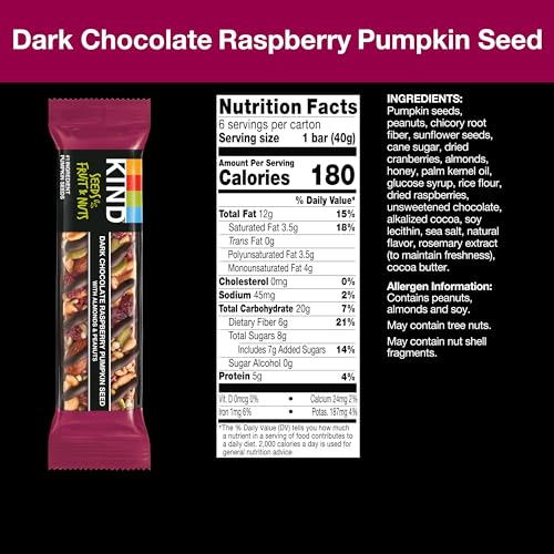 KIND HEALTHY SNACKS BARS, DARK CHOCOLATE RASPBERRY PUMPKIN SEED, GLUTEN FREE, HIGH FIBER SNACKS, 5G PROTEIN, 6 COUNT