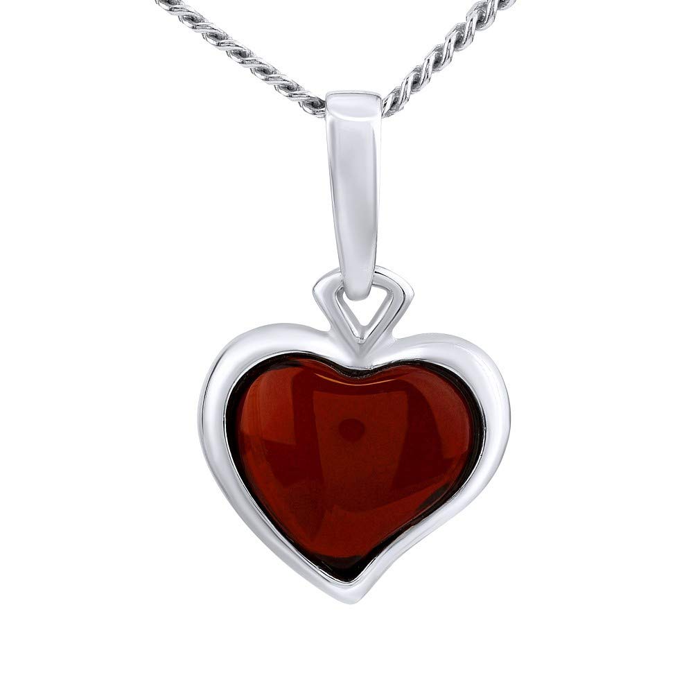 SILVEGO Women's pendant made of 925 sterling silver with real dark brown amber heart 14 mm.