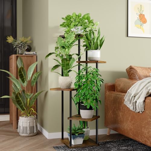 Support Plantes Intérieur À 5 Niveaux, Porte Plante Intérieur Pour Plusieurs Plantes, Étagère Plante En Métal Brun, Porte Plante Extérieur (Brun Rustique)