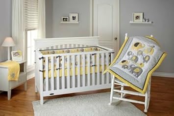 yellow and grey elephant crib bedding