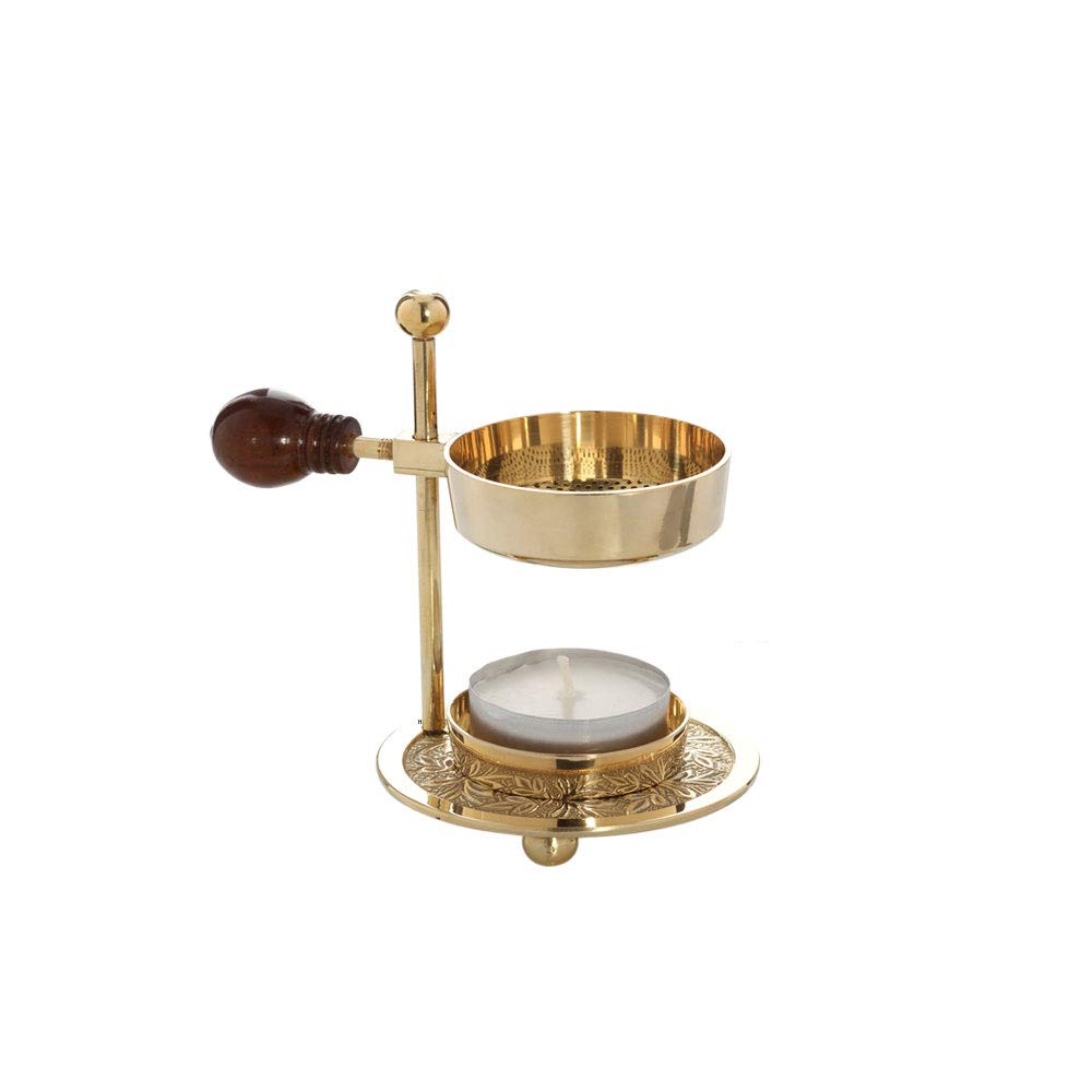 Incense burner incense stand brass wooden handle handmade gold new 1601